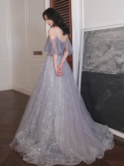 Lavender Star Moon Glitter Tulle Prom Dress Cold Shoulder Beaded Bodice