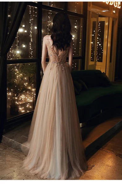 Champagne Spaghetti Strap V Neck Beaded Tulle A Line Prom Dress