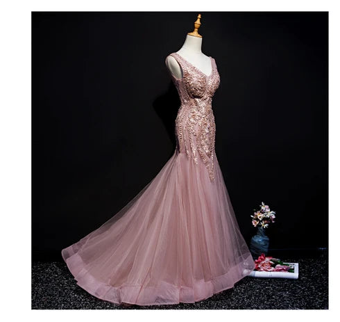Dusty Pink V Neck Beaded Lace Mermaid Tulle Prom Dress