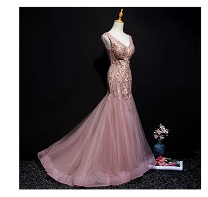 Dusty Pink V Neck Beaded Lace Mermaid Tulle Prom Dress