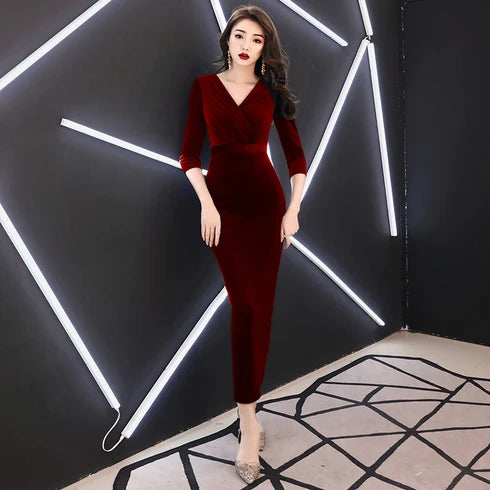 Burgundy V Neck 3/4 Sleeve Velvet Midi Mermaid Evening Dress