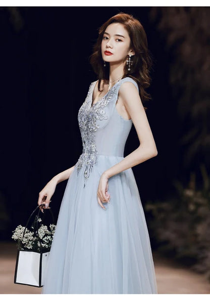 Light Blue V Neck Beaded Tulle A Line Prom Dress Sleeveless