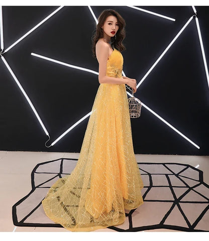 Yellow Strapless Glitter Tulle A Line Prom Dress Beaded Waist