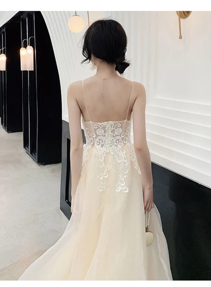 Champagne Spaghetti Strap Lace Tulle A Line Prom Dress