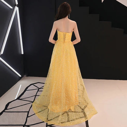 Yellow Strapless Glitter Tulle A Line Prom Dress Beaded Waist