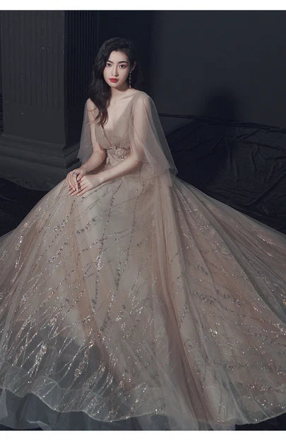 Champagne Deep V Glitter Tulle Prom Dress Sheer Flutter Sleeves