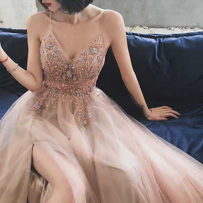 Dusty Rose Spaghetti Strap Beaded Tulle Prom Dress High Slit Low Back