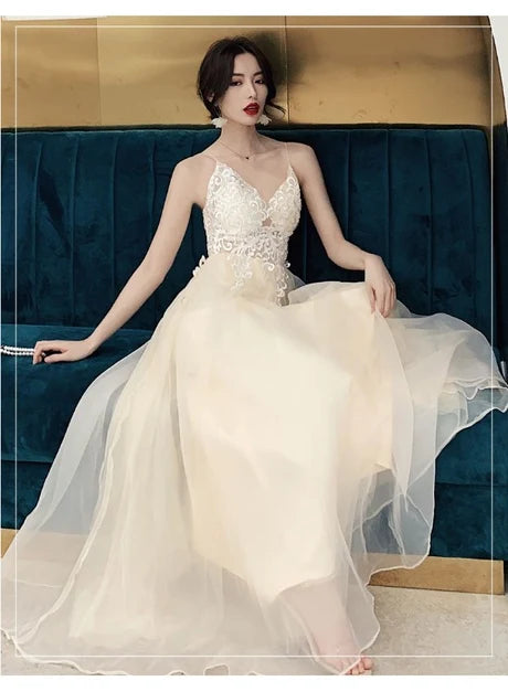 Champagne Spaghetti Strap Lace Tulle A Line Prom Dress