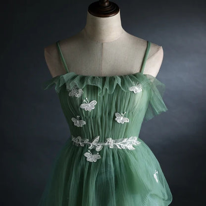 Sage Green Spaghetti Strap Tulle A Line Prom Dress Butterfly Appliques