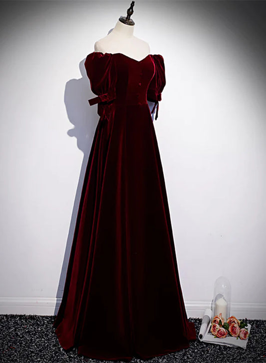 Wine Red Velvet Floor Length Short Sleeves Party Dress, A-line Wine Red Prom Dresses