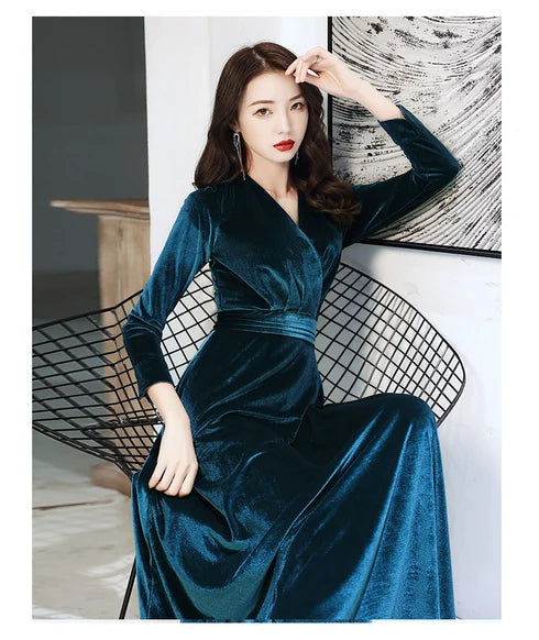 Teal V Neck Long Sleeve Velvet A Line Evening Dress With Sash