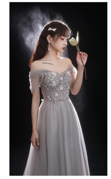 Grey Tulle A Line Prom Dress Lace Appliques Puff Short Sleeve Corset Back