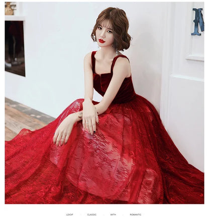 Burgundy Velvet Bodice A Line Prom Dress Spaghetti Straps Lace Tulle Skirt