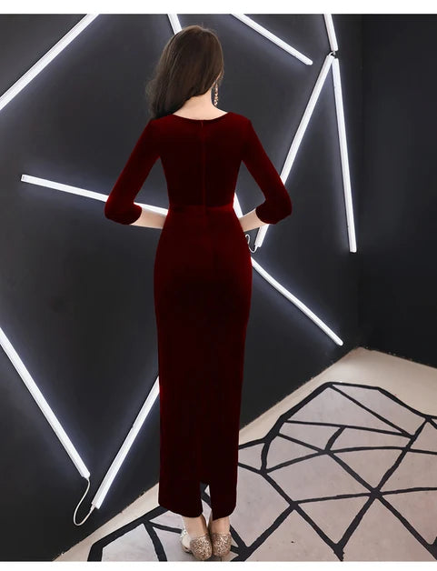 Burgundy V Neck 3/4 Sleeve Velvet Midi Mermaid Evening Dress