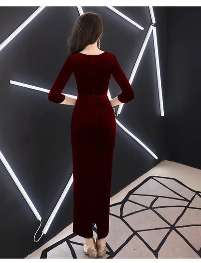 Burgundy V Neck 3/4 Sleeve Velvet Midi Mermaid Evening Dress