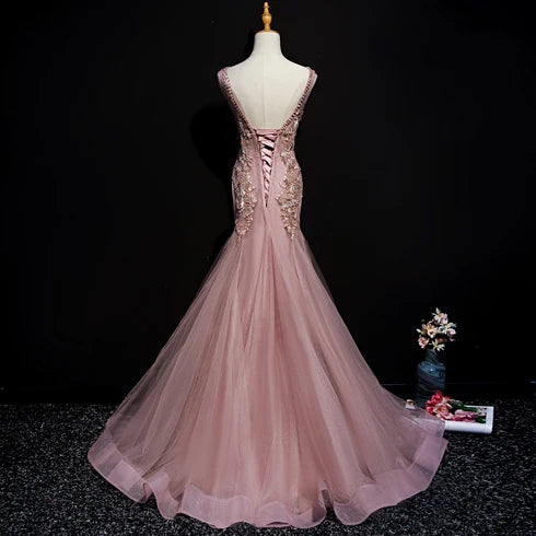 Dusty Pink V Neck Beaded Lace Mermaid Tulle Prom Dress