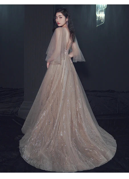 Champagne Deep V Glitter Tulle Prom Dress Sheer Flutter Sleeves