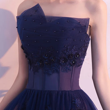 Navy Blue Strapless Tulle Prom Dress Lace Floral Appliques Corset Back