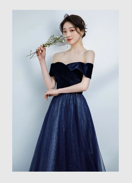Navy Off Shoulder Velvet Bodice Glitter Tulle A Line Prom Dress