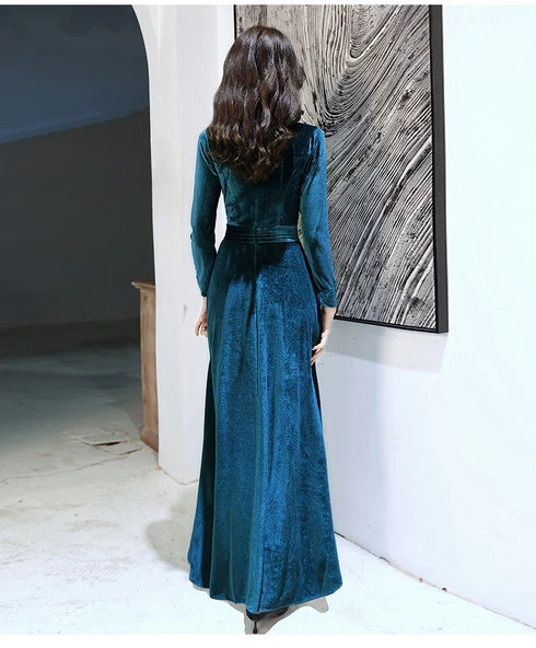 Teal V Neck Long Sleeve Velvet A Line Evening Dress With Sash