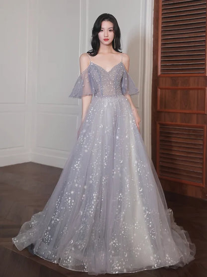 Lavender Star Moon Glitter Tulle Prom Dress Cold Shoulder Beaded Bodice