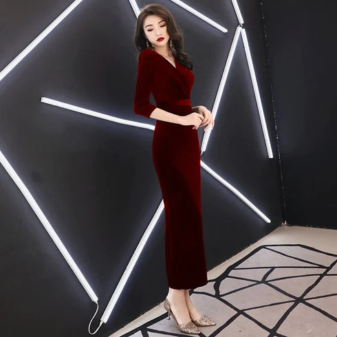 Burgundy V Neck 3/4 Sleeve Velvet Midi Mermaid Evening Dress