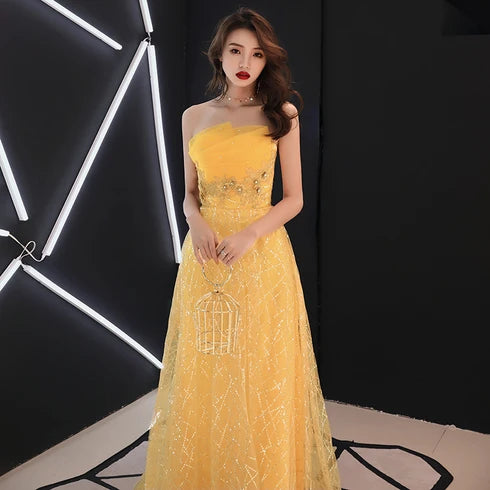 Yellow Strapless Glitter Tulle A Line Prom Dress Beaded Waist