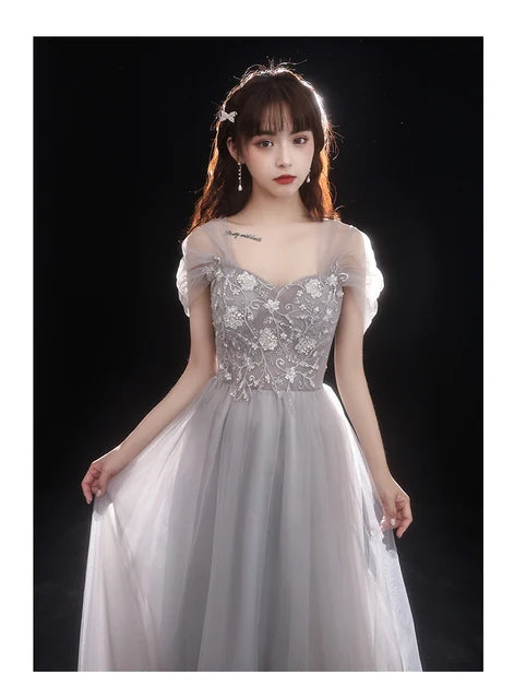 Grey Tulle A Line Prom Dress Lace Appliques Puff Short Sleeve Corset Back