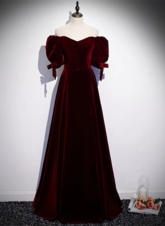 Wine Red Velvet Floor Length Short Sleeves Party Dress, A-line Wine Red Prom Dresses