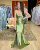 Olive Green Strapless Ruched High Slit Mermaid Prom Dress