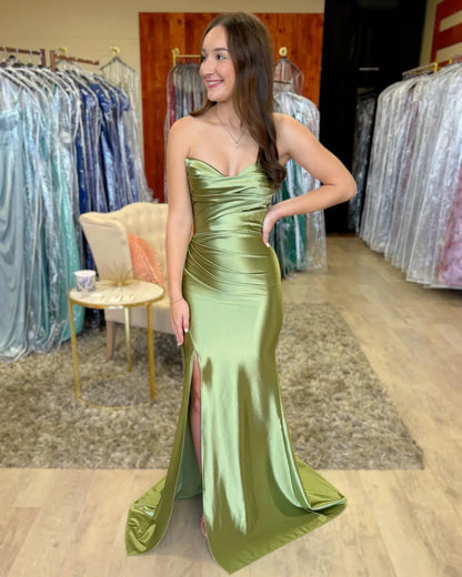 Olive Green Strapless Ruched High Slit Mermaid Prom Dress