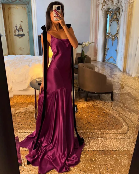 Opulent Mermaid Cowl-Neck Spaghetti-Strap Velvet Bow Plum Prom Dress.