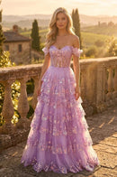 Lavender Off Shoulder Corset Tiered Sequin Tulle Gown