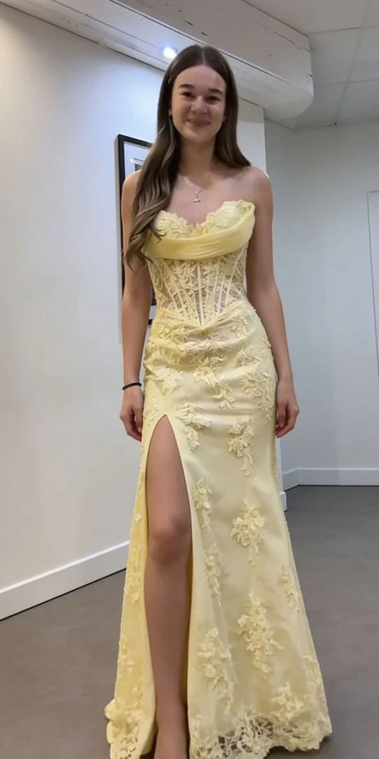 Pale Yellow Strapless Sheer Corset Floral Lace High-Slit Mermaid Prom Dress.