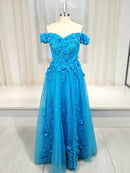 Peacock Blue Tulle A-Line Sweetheart Lace-Up Back Floor-Length Dress