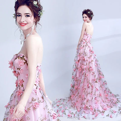 Pink Strapless A Line Tulle Prom Dress 3D Floral Appliques With Train