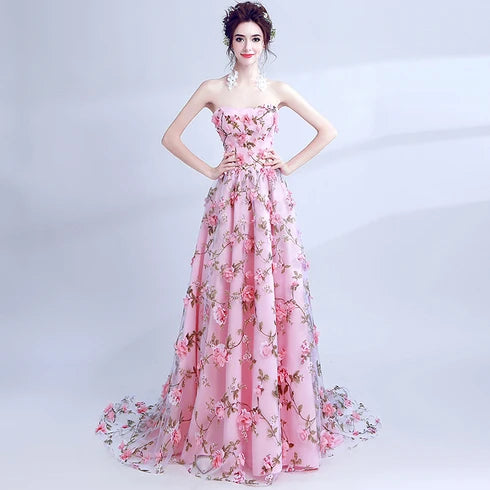 Pink Strapless A Line Tulle Prom Dress 3D Floral Appliques With Train