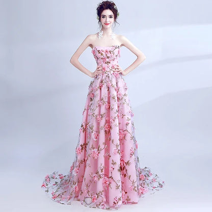 Pink Strapless A Line Tulle Prom Dress 3D Floral Appliques With Train