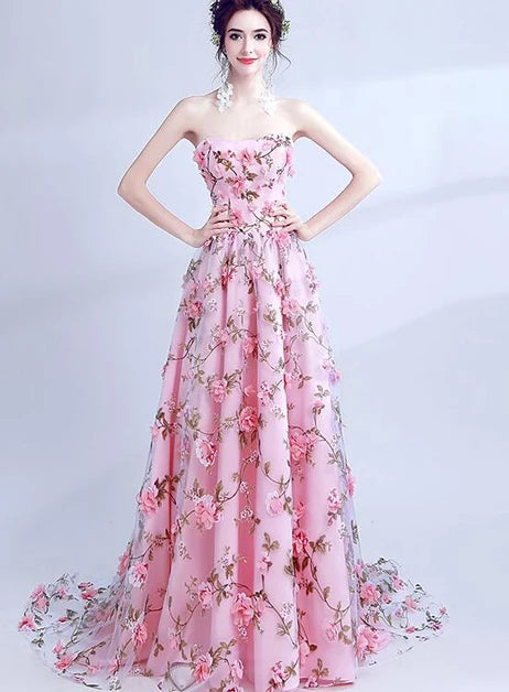 Pink Strapless A Line Tulle Prom Dress 3D Floral Appliques With Train