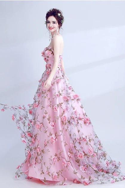Pink Strapless A Line Tulle Prom Dress 3D Floral Appliques With Train