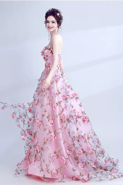Pink Strapless A Line Tulle Prom Dress 3D Floral Appliques With Train