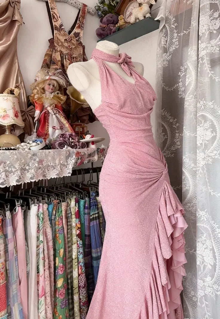 Pink Glitter Halter Neck Ruffle Mermaid Prom Dress