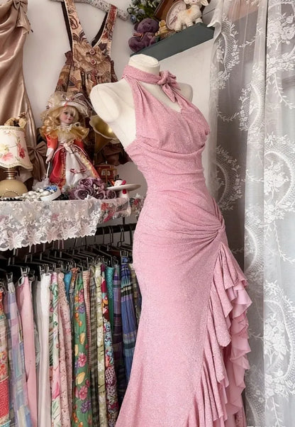Pink Glitter Halter Neck Ruffle Mermaid Prom Dress