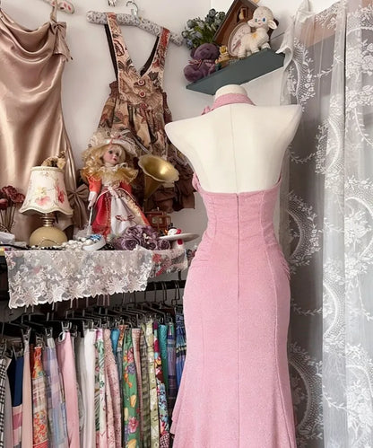 Pink Glitter Halter Neck Ruffle Mermaid Prom Dress