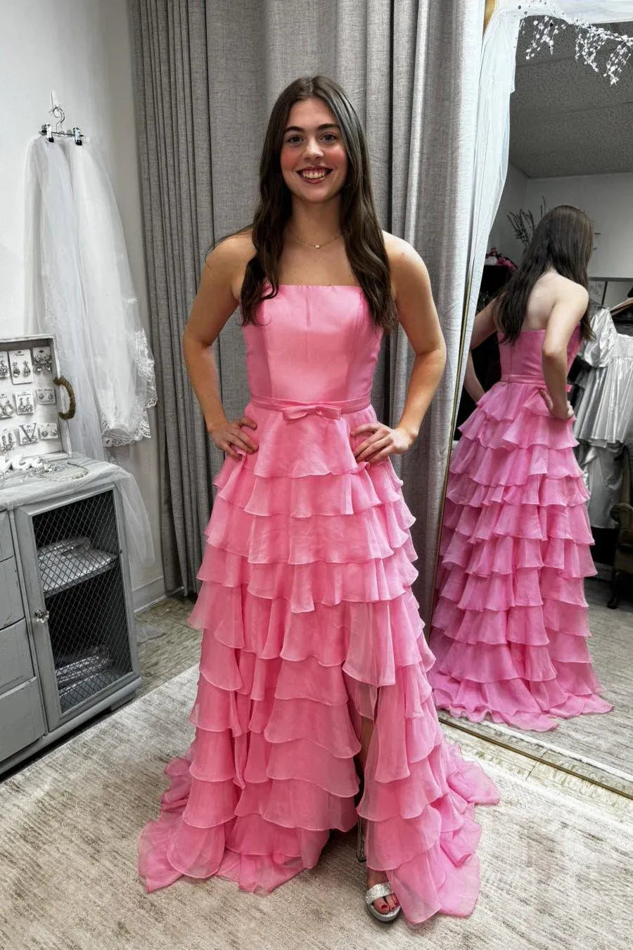 Pink Strapless Bow Waist Tiered High Low Prom Dress