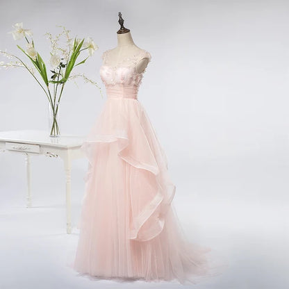 Blush Pink Cap Sleeve Tulle Prom Dress Lace Beaded Appliques Ruffled Skirt