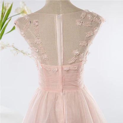 Blush Pink Cap Sleeve Tulle Prom Dress Lace Beaded Appliques Ruffled Skirt