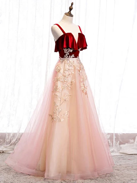 Burgundy Velvet Spaghetti Strap A Line Pink Tulle Prom Dress Floral Appliques