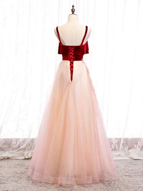 Burgundy Velvet Spaghetti Strap A Line Pink Tulle Prom Dress Floral Appliques