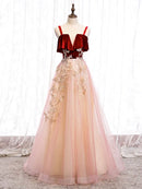 Burgundy Velvet Spaghetti Strap A Line Pink Tulle Prom Dress Floral Appliques